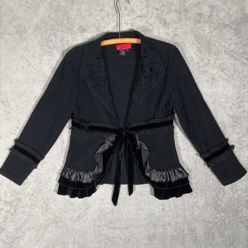 Carina Black 100% Wool Ruffle Velvet Tie Front Cardigan Jacket Victorian Medium